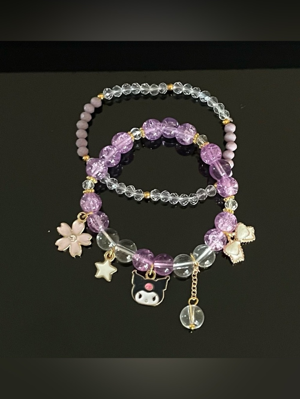 Purple Charm Beaded Bracelet Set - Cute Character & Floral Charms
